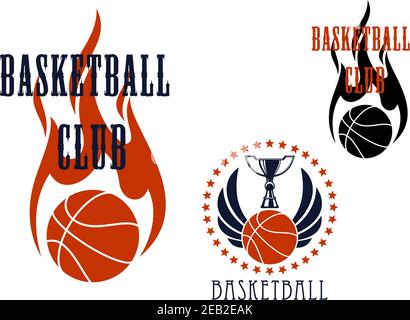 Basketball club icons with trophy cup standing on winged basketball ball encircled by stars, and flaming ball with fire in tribal style Stock Vector