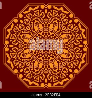 Orange floral pattern with circular ornament of abstract flowers, geometric elements, curved lines and curlicues on dark red background Stock Vector