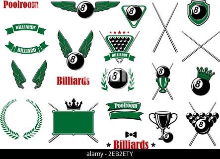 Billiards, pool and snooker game items with balls, cues, triangle table, trophies, shield crowns wings, wreath ribbon banners and headers Stock Vector