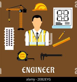 Engineer profession concept with man in reflective vest surrounded by yellow helmet, blueprint, tower crane, multi storey building, caliper, ruler, pe Stock Vector