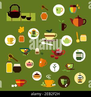 Tea time icons in flat style with various cups and mugs, tea bags, leaves and sugar cubes, teapots and french press, honey jars with dippers and honey Stock Vector