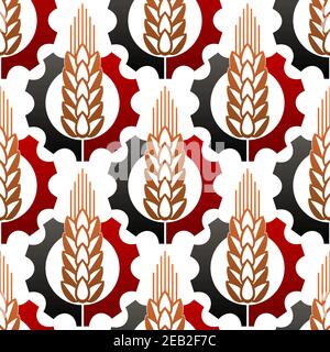 Golden cereal ears in black and red gears seamless pattern on white background for agriculture design Stock Vector