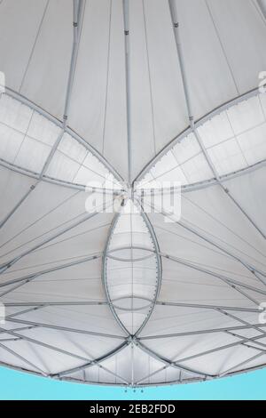 Fabric Tension Membrane Facade Detail Structure of Roofing Sun Shade, Modern Architecture Facade Building Design for Outdoors Resting Area. Abstract P Stock Photo