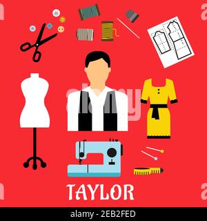 Tailor profession flat concept design with elegant man surrounded by sewing machine, mannequin, scissors, needle, threads , buttons, thimble, paper pa Stock Vector
