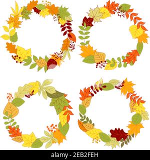 Autumn round frames and borders design with fallen leaves decorated by viburnum, bush seeds and herbs on beige background with copy space Stock Vector