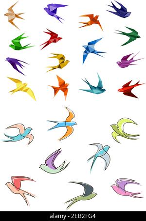 Colorful flying swallows birds in paper origami and outline sketch style isolated on white background for business logo or emblems design Stock Vector