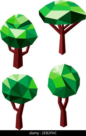 Abstract geometric green trees icons in 3D low poly style with rounded crowns and branched trunks. Isolated on white Stock Vector