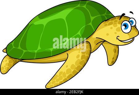 Cartoon swimming sea turtle character with yellow spotted skin and green shell isolated on white background Stock Vector