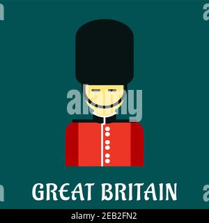 Great Britain symbol with Queen guard soldier in uniform of red tunic and bearskin. Flat style Stock Vector