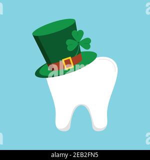 St Patrick day tooth in green leprechaun hat with clover shamrock. Stock Vector