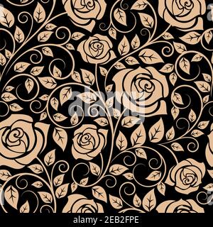 Lush blooming roses seamless pattern with flowers, heavy foliage and twisted branches on black background Stock Vector