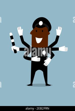 Cheerful african american policeman in black uniform with many hands holding in one of them a traffic rod. Cartoon flat style Stock Vector