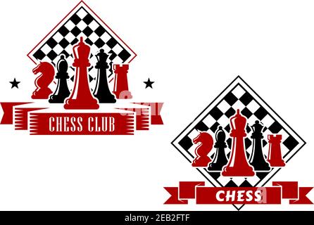 Chess emblems in black and red colors with king, queen, bishop, knight and rook pieces with turned chess board on the background, decorated with ribbo Stock Vector