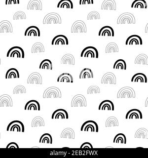 Rainbow seamless pattern, black and white hand-drawn arc doodle digital paper, abstract rainbows repeating background Stock Vector