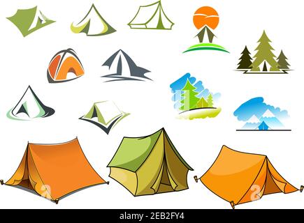 Tourism and camping symbols with tents and nature landscapes with mountains and forest. For travel and adventure design Stock Vector