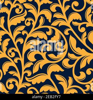 Baroque stylized floral seamless pattern of yellow twisted branches with shaped leaves on dark blue background, for luxury or textile design Stock Vector