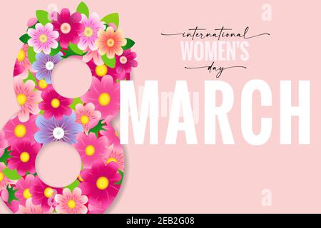 8 March International Women's Day elegant lettering and pink flowers. Greeting card on Happy Womens Day with vector illustration hand drawn card Stock Vector