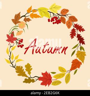 Autumn leaves and flowers wreath with colorful tree leaves, herbs, flourishes and viburnum fruits on background Stock Vector