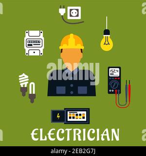 Electrician profession flat design with man in yellow hard helmet and coveralls encircled by energy saving and light bulbs, plug and socket, electrici Stock Vector
