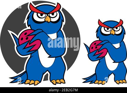 Blue owl bowling player cartoon character with red bowling ball on gray background, for sporting team mascot design Stock Vector