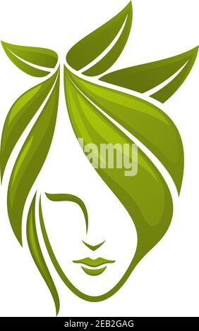Woman face with hair composed from abstract green leaves for spa, organic cosmetics or beauty salon Stock Vector