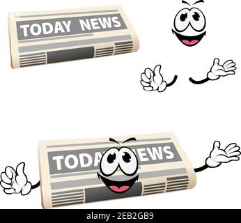 Today news newspaper cartoon character with happy smiling face and hands, for media or advertisement design Stock Vector