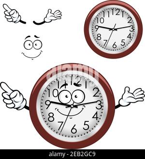 Cartoon round wall clock character with white dial, brown rim and funny smile Stock Vector