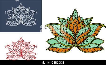 Persian stylized paisley flower in green and yellow colors with ornaments, for oriental interior or textile design Stock Vector