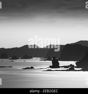 Long exposure shot of sea stacks and coastline in Izu Peninsula, Shizuoka Prefecture, Japan Stock Photo