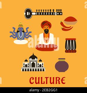 Indian culture flat icons with sitar, fresh chili pepper and chili powder, tabla drum, vase, ancient temple, God Vishnu, bearded man in red turban and Stock Vector