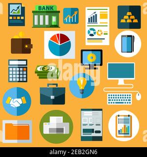 Business flat icons with dollar bills, handshake, idea light bulb, desktop computer, graphic tablet with pen, gold bars, bank, financial diagrams and Stock Vector