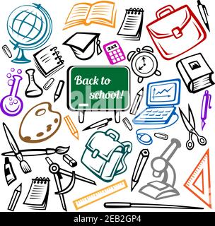 Blackboard with chalk text Back to school and icons of laptop, books, globe, notebooks, backpacks, calculator, microscope, paints, laboratory flasks, Stock Vector