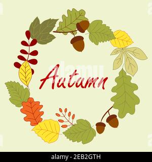Autumnal frame composed by leaves, dry acorns and forest berries on background Stock Vector