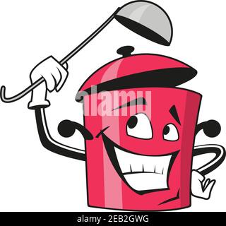 Funny saucepan cartoon character with open lid and ladle in the hand, for cooking concept design Stock Vector