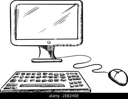 Desktop computer with monitor, mouse and keyboard isolated on white background, for technology design. Sketch style Stock Vector