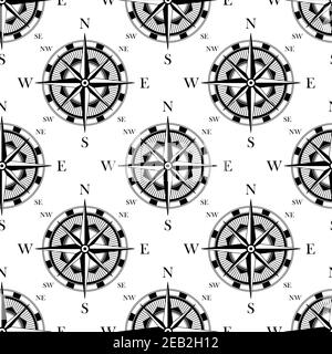 Black and white nautical navigation compass seamless pattern background with vintage compass rose, for travel design Stock Vector