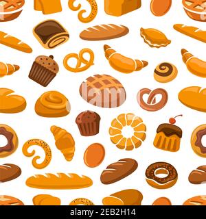 Bakery and pastry seamless pattern with bread, loaf, cake, bun, pretzel, croissant and donut Stock Vector