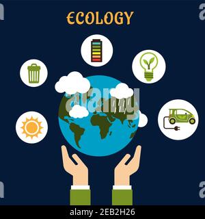 Ecology concept in flat style with hands holding Earth planet and round white icons of sun, garbage recycling, battery indicator, green energy and ele Stock Vector