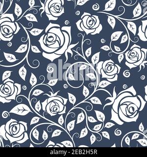 Floral seamless pattern with with blooming rose flowers, elegant leafy branches on gray background, for luxury wallpaper or interior design Stock Vector