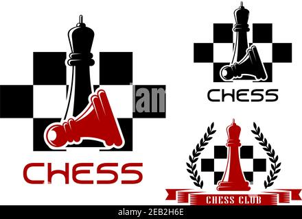Chess club icons with standing black queen over fallen pawn and red queen decorated by wreath and ribbon banner on checkered background Stock Vector