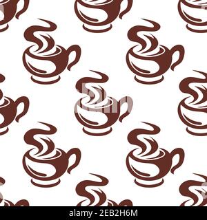 Coffee seamless pattern in retro style with bold brown outlines of steaming cups, for cafe or menu design Stock Vector