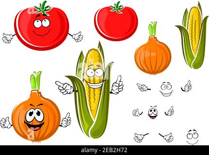 Happy cartoon onion, tomato and corn on the cob vegetables with smiling faces and waving arms. For agriculture or food themes design Stock Vector