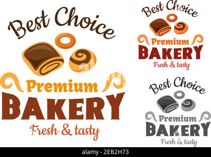 Premium bakery emblems or sign with cinnamon roll, bagel and sweet bun with chocolate for pastry or bakery shop icon Stock Vector