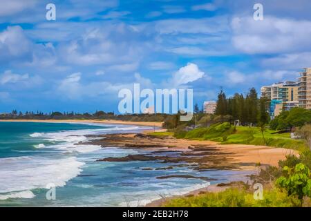 Digital painting of Mooloolaba Beach, Queensland, Australia,under a cloudy sky. Stock Photo