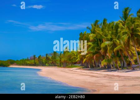 Digital painting of Nalamu Beach, backed by palm trees, under a blue sky, Fiji. Stock Photo