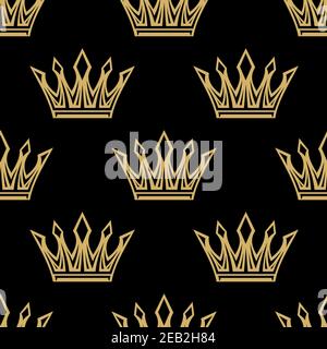 Medieval royal golden crowns with diamonds seamless pattern on black background, for luxury or textile design Stock Vector
