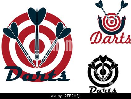 Darts sporting emblems design with red dartboards and darts arrows isolated on white background Stock Vector