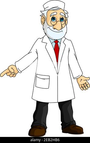 Cartoon mature bearded doctor in glasses and white medical coat and cap pointing finger away, for healthcare or medicine design Stock Vector