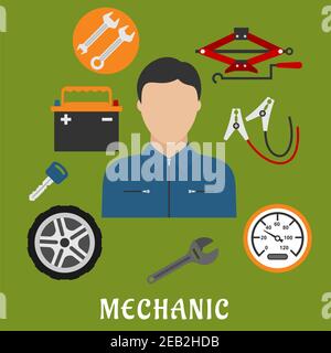 Mechanic profession flat concept. Man in uniform overalls and cap, jack screw, wheel, key, wrench and battery icons Stock Vector