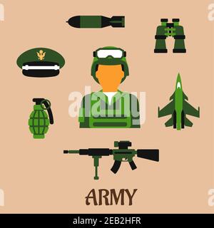 Army flat icons with soldier wearing the army combat uniform, helmet and body armor, surrounded by hand grenade, peaked cap, binoculars, air bomb, air Stock Vector